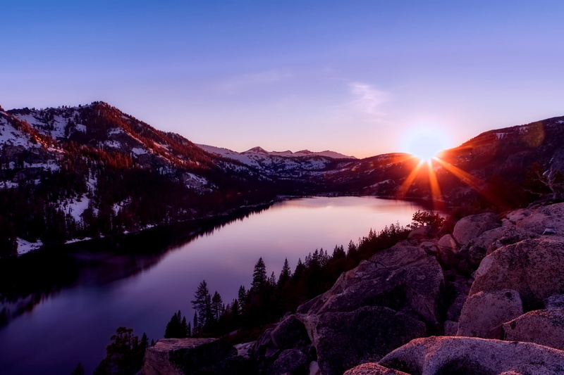 scenics - nature, non-urban scene, evergreen tree, sun, environment, countryside, rocks, body, beauty in nature, trees, tranquility, hdr, woods, body of water