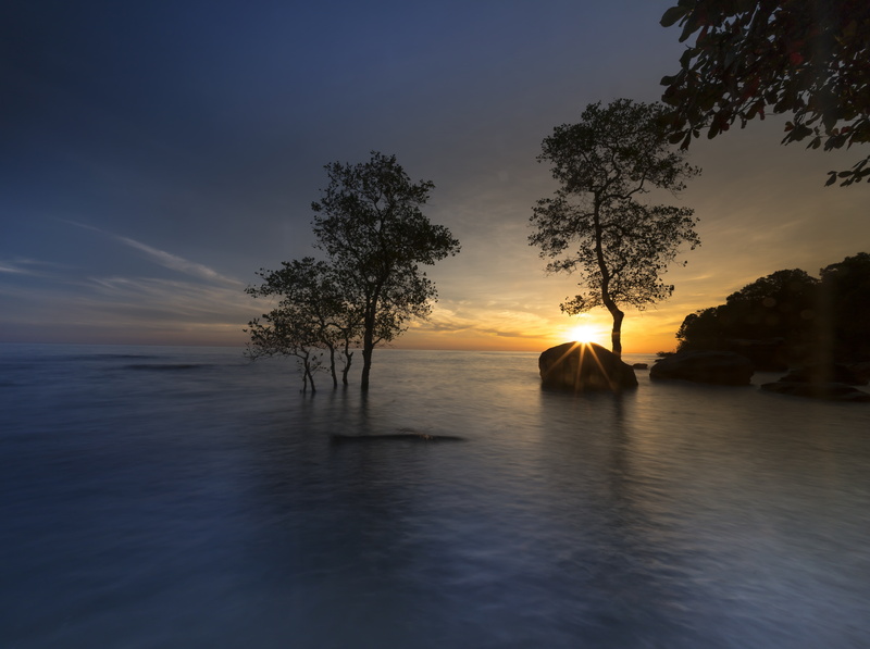 beauty in nature, idyllic, PhuQuoc, Water, sun, Trees, Vietnam, longexposure, Tropical, Dark, non-urban scene, Sun and Sky, Shore, Rocks, no people, tranquility