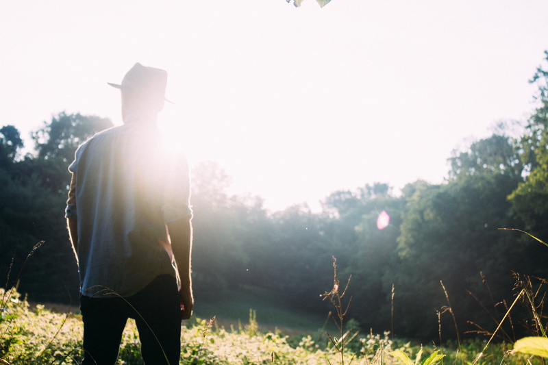 gray, trees, pants, people, near, woods, field, casual clothing, back lit, one person, hat, forest, standing, plant, long, sleeve, 5K, only men, grass