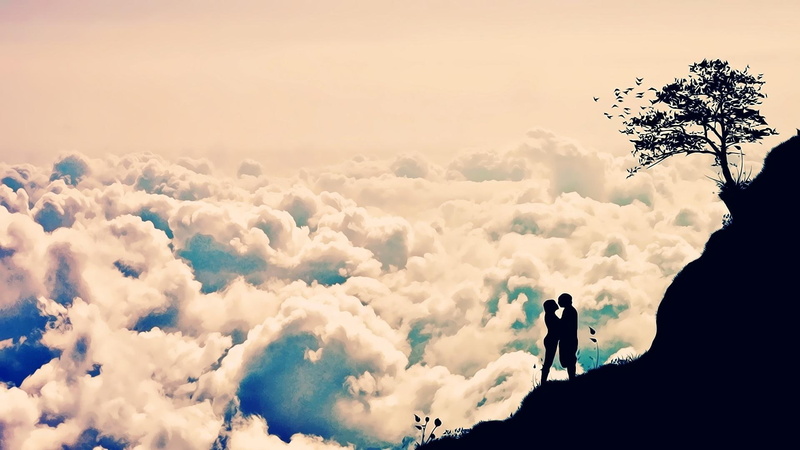coupe, love, couple, background, white, silhouette, tree, 1080P, facing, 3d and abstract, woman, clouds, mountain, photo