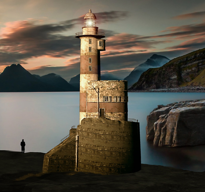 photo, 3d model, sunset, beauty in nature, rendering, guidance, towers, shadow, mountain, solid, lighthouse, rock, building, sea, building exterior, tower