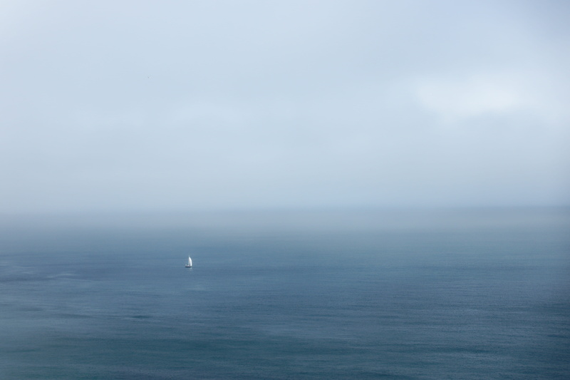sea, tranquil scene, mist, travel, sail, day, ocean, blue, empty, no people, far, coast, cloud - sky, normandy, transport, one animal, boat, animal wildlife