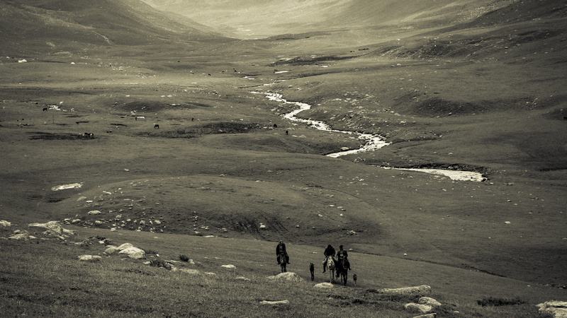 vast, landscape, non-urban scene, three, day, steppe, valley, tranquil scene, horse, grass, land, monochrome, distant, scenery, men, kyrgyzstan, huge, high angle view