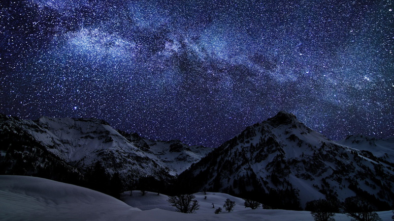 4K, night sky, mountains, snow, nature, starry, stars, starry night, night