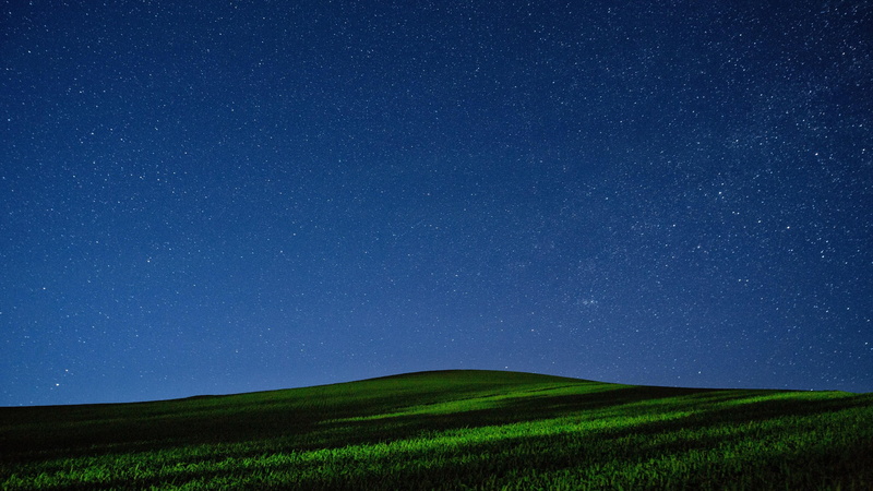 tranquil scene, star - space, green color, landscape, meadow, night, tranquility, sky, land, outdoors, field, star, no people, blue, astrology, starry night