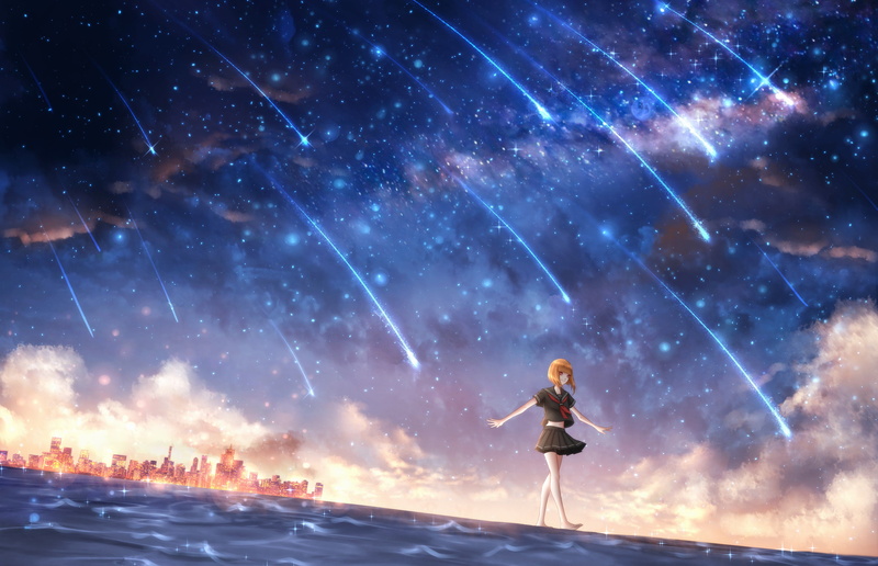 young adult, anime girls, star - space, full length, outdoors, sky, one person, motion, standing, scenics - nature, nature, night, galaxy, starry night