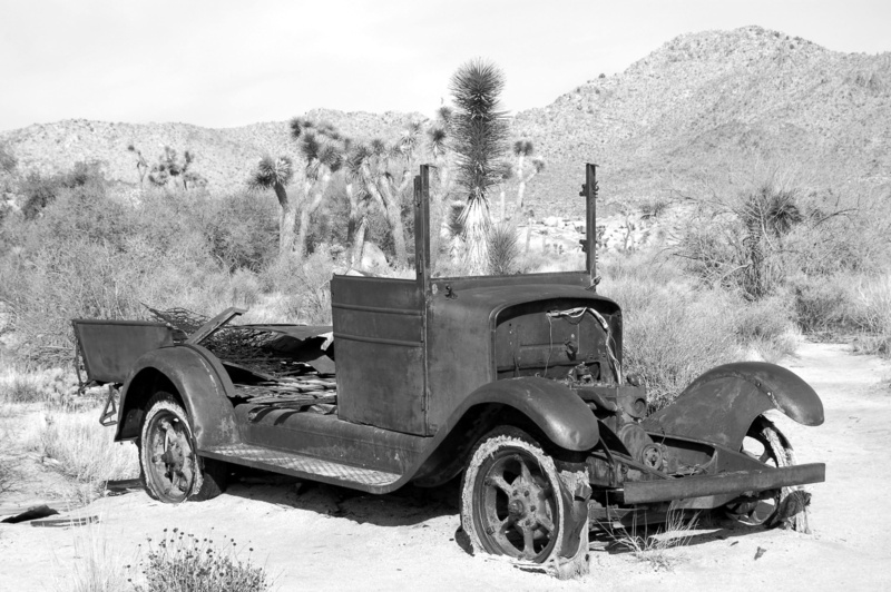 auto, field, b and w, black and white, rust, land vehicle, obsolete, plant, architecture, truck, abandoned, joshua tree national park, automobile, parking
