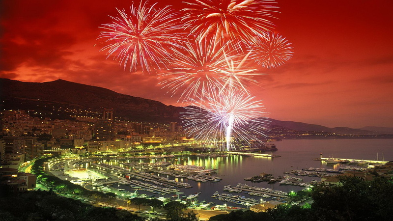 dusk, mountain, fireworks, monte, nature and landscapes, marina, carlo, city, 1080P