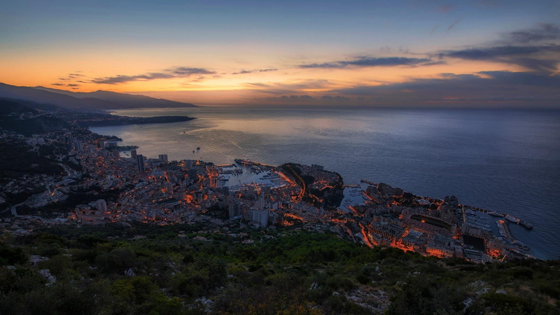architecture, city, cloud - sky, sky, atmosphere, shore, morning, 1080P, high angle view, no people, beach, sea, monte carlo, building, tree, coast, horizon