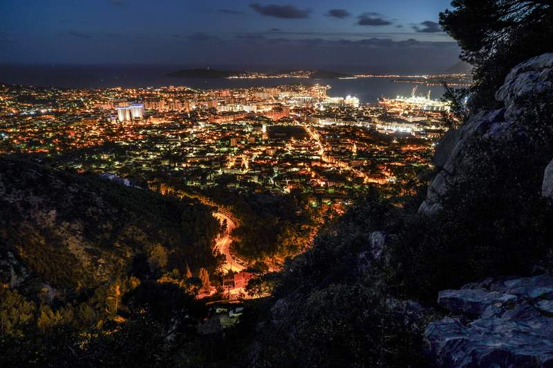 city, cityscape, bird eye view, night, french riviera, turned, lights, france, architecture, no people, mont faron, water, high angle view, sky, seaside