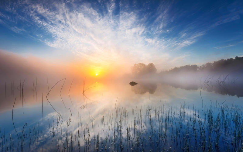 fog, scenics - nature, tranquil scene, mist, sky, reflection, idyllic, hazy, lake, yellow, nature, no people, outdoors, Sweden, 1080P, blue, landscape