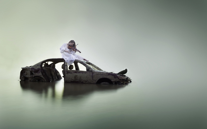 standing, digital composite, men, copy space, lake, adult, violin, emotion, women with cars, nature, indoors, sitting, full length, one person, white dress