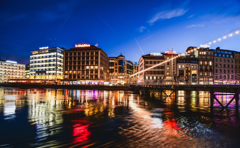nature, 5K, connection, lights, urban, transportation, night, waterfront, geneva, bridge, architecture, cloud - sky, built structure, sky, twilight, reflection