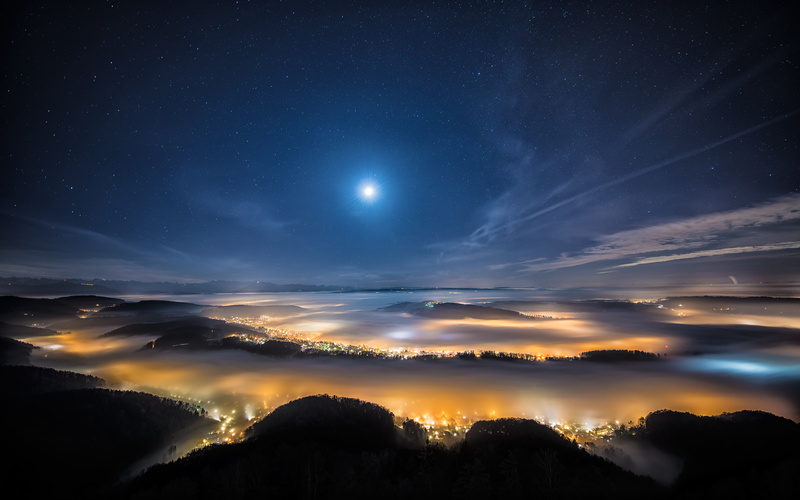 night, uetliberg, lights, vixen, clouds, 4K, polarie, sky, switzerland