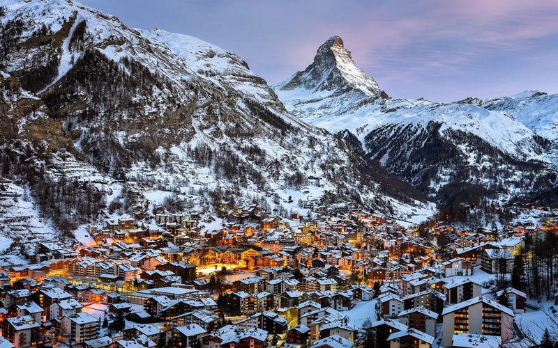 mountain, architecture, building exterior, cold temperature, Lights, mountain range, winter, sky, Matterhorn, covering, environment, day, town, beauty in nature
