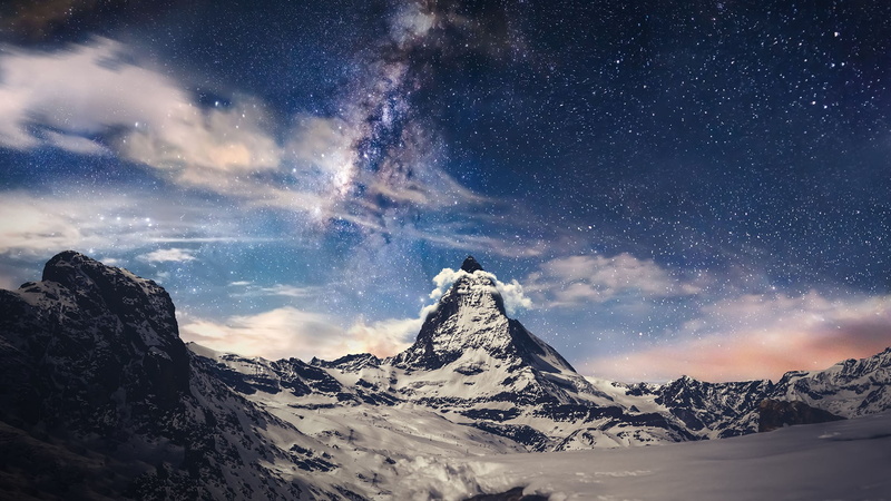 landscape, stars, Switzerland, nature, 1080P, clouds, galaxy, mountains, Matterhorn, Zermatt, night, rocks, Milky Way, snow, far view
