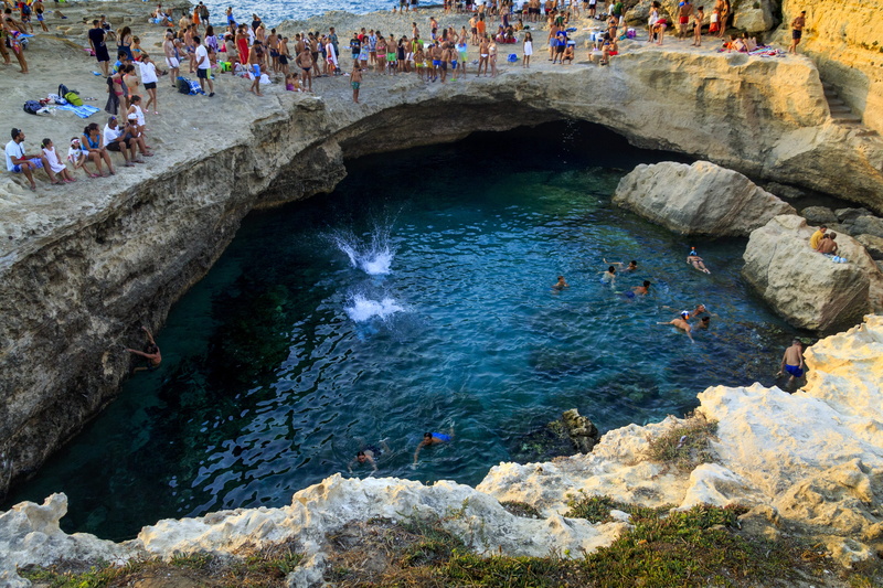 nature, melendugno, cliffs, rock formation, rock - object, rock, solid, water, rocks, men, lake, italy, swim, sea, dive, lifestyles, crowd, grotta della poesia