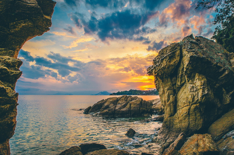 cliff, bay, horizon over water, water, tranquil scene, no people, scenics - nature, sea, rock - object, sunset, rock, sky, shore, beach, tranquility, tranquil