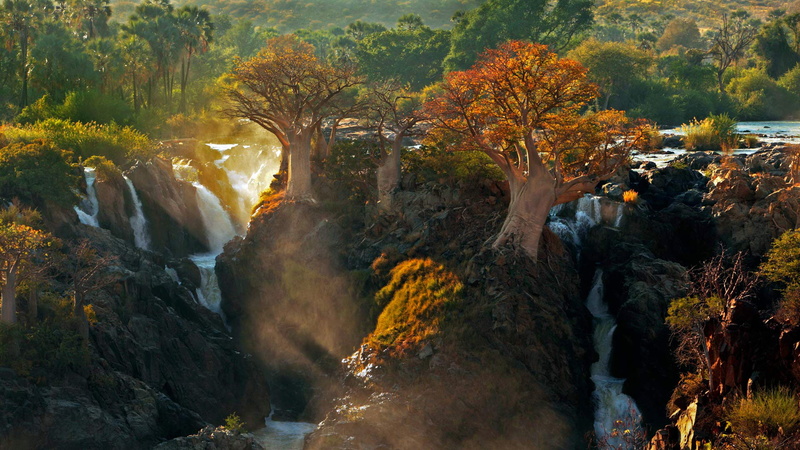 Africa, waterfall Epupa, trees, the border between Angola and Namibia, light, the Kunene river, 1080P, nature