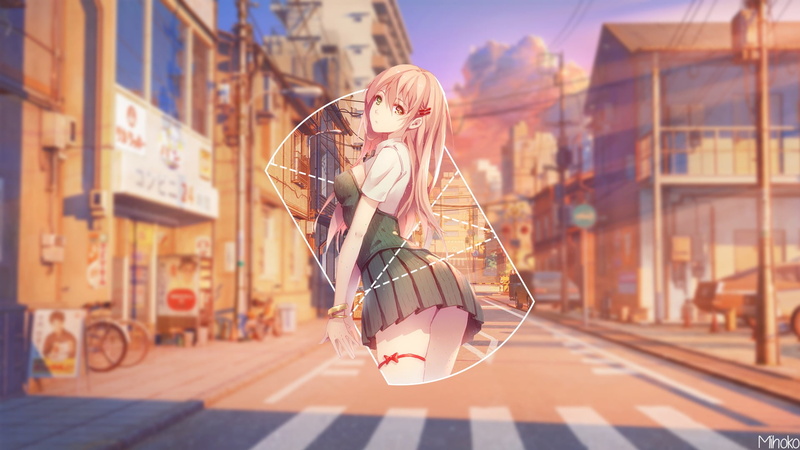 picture-in-picture, anime, city life, one person, nature, day, blond hair, anime girls, built structure, hairstyle, transportation, beautiful woman, building exterior