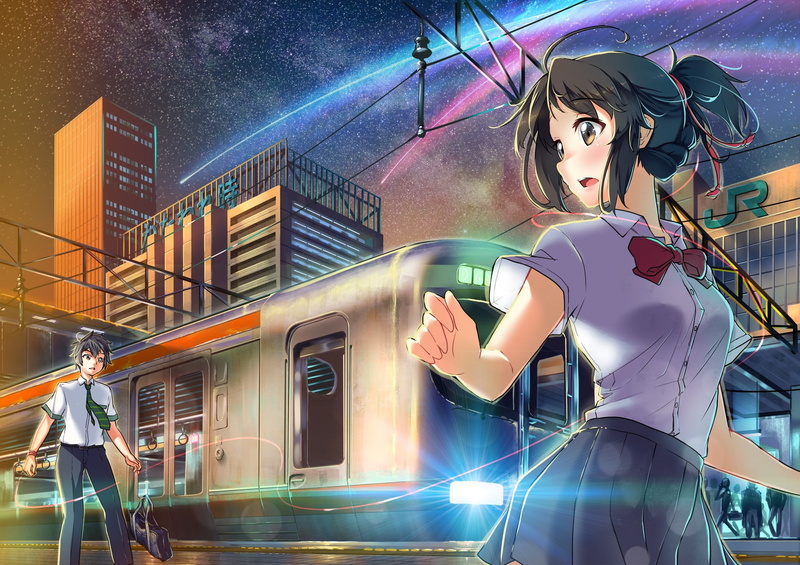 one Person, side view, women, adult, 1080P, Tachibana Taki, three quarter length, street, school uniform, architecture, futuristic, standing, people, built structure