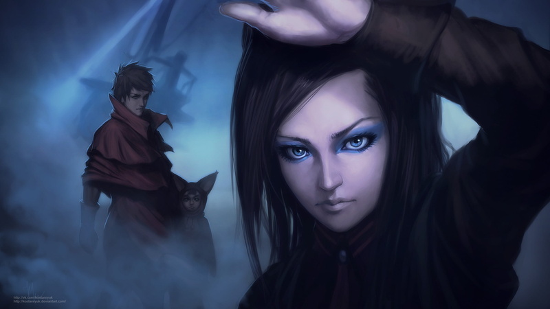 long, sleeved, togetherness, looking at camera, people, illustration, 1080P, digital composite, portrait, young women, Ergo Proxy, fear, spooky, black