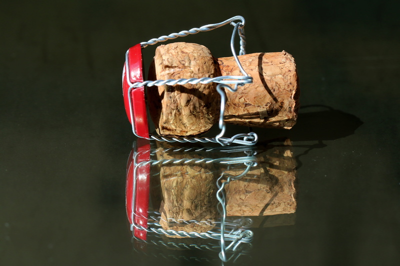black background, champagne, polythene, baked, wine, wood - material, no people, bread, close-up, studio shot, wellbeing, still life, cap, tied up, string