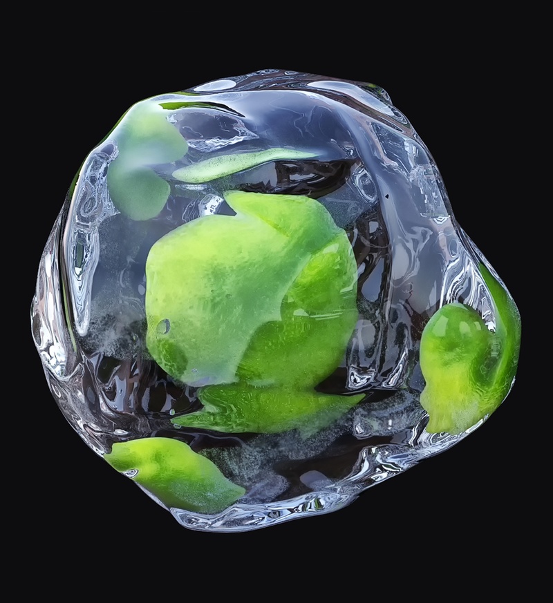 indoors, transparent, no people, three-d, food and drink, 3d, blender, fruit, close-up, reflection, refraction, ice cube, studio shot, black background