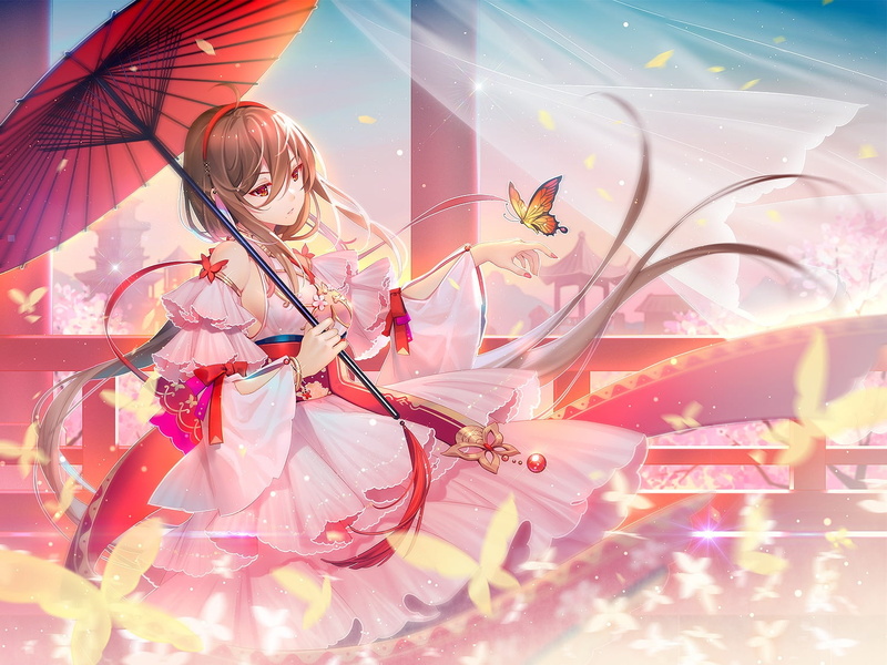 artwork, bow, umbrella, Yuezheng Ling, brunette, butterfly, 720P, digital art, Vocaloid China, Vocaloid