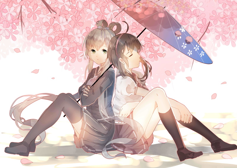 Sakura, Schoolgirls, girls, art, luo tianyi, anime, vocaloid china, vocaloid, yuezheng ling, flowers, umbrella, 2K, weitu