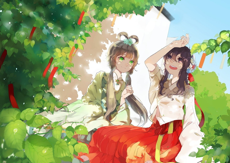 open, gray, eyes, flower, green, smiling, hair, clothes, brunettes, skies, 720P, luo, brown, chinese, twintails, vocaloid, anime, ling, tianyi, yuezheng