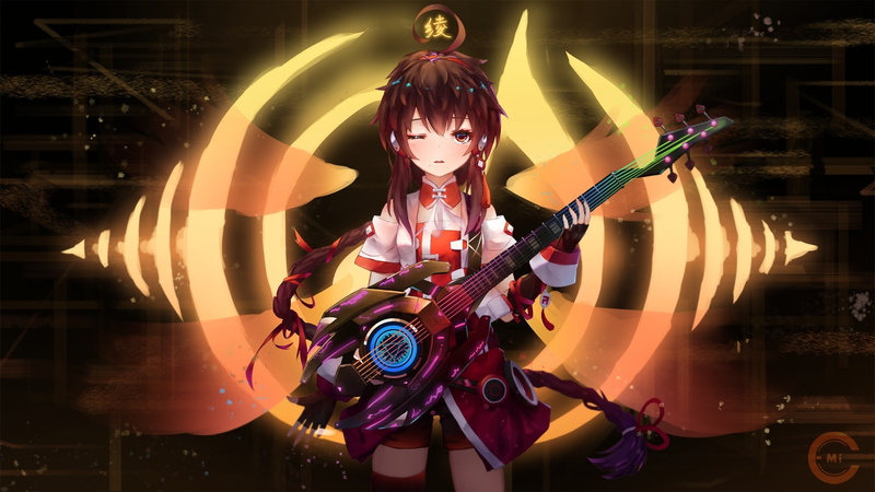 illuminated, indoors, brown hair, music, vocaloid, arts culture and entertainment, young women, 1080P, musical equipment, Anime, holding, braid, one person