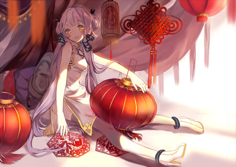 720P, clothes, dress, blush, xingchen, china, vocaloid, com, hair, gray, chinese, bou, long, twintails, yellow, konachan, shaku, 235278, eyes, thighhighs