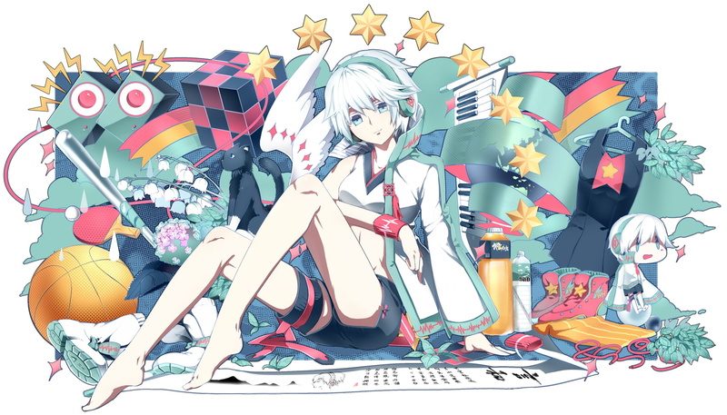 hair, headphones, mao, yan, barefoot, china, pianzu, vocaloid, 720P, blue, eyes, short, white, drink, animal, cat
