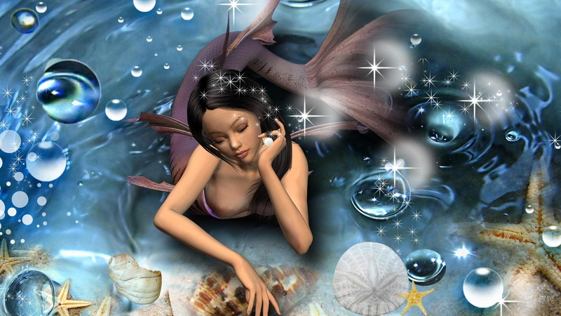 bubbles, star fish, pearl, girl, beautiful, water, finding, firefox persona, mermaid, 1080P, sparkles, stars, woman