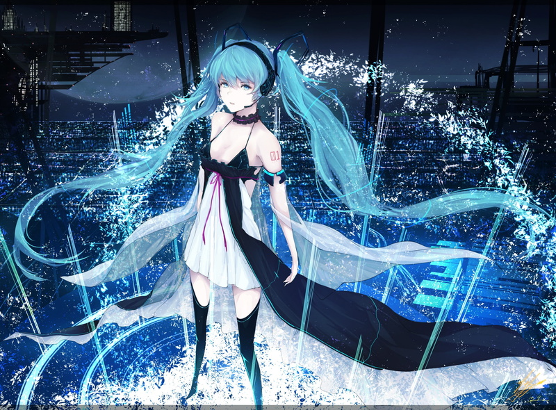 boots, dress, twintails, night, headphones, Moon, 1080P, anime, long hair, ribbon, tattoo, anime girls, city, Vocaloid, Hatsune Miku