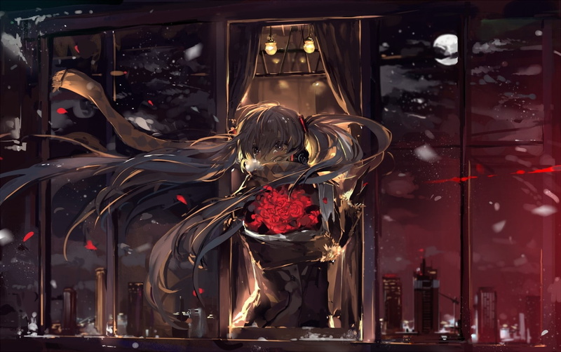 flowers, city, indoors, no people, human representation, architecture, anime, built structure, Vocaloid, female likeness, building, snow, anime girls, spirituality