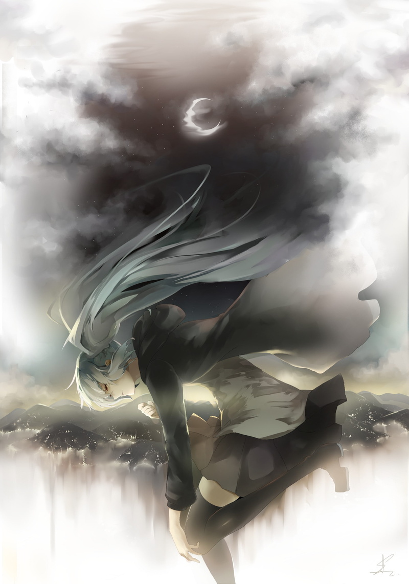 Vocaloid, anime girls, Hatsune Miku, thigh-highs, twintails, mountains, skirt, long hair, Moon, 2K, night, anime