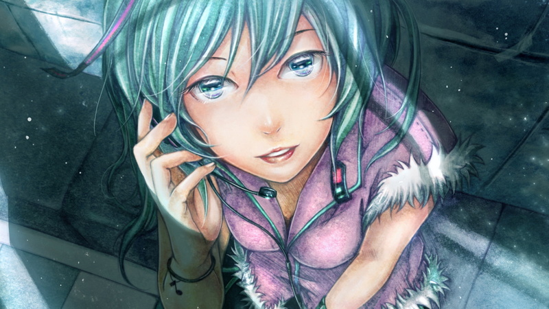 Vocaloid, headsets, eyes, green hair, headphones, green eyes, hair ornament, bangs, face, 2K, Hatsune Miku, sitting, long hair, anime girls, ribbon