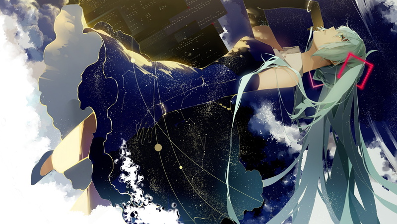 water, Hatsune Miku, building exterior, architecture, cloud - sky, reflection, wind, clouds, anime, dress, day, built structure, 1080P, twintails, city
