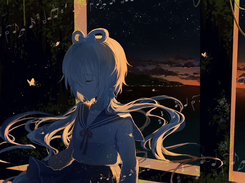 day, school girl, night, luo tianyi, plant, human representation, lifestyles, female likeness, rear view, Anime, hairstyle, no people, nature, representation