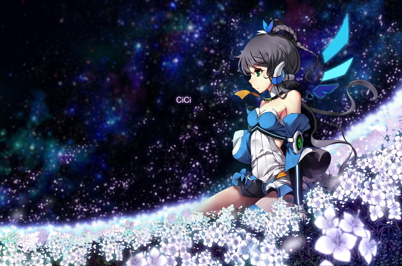 black, tie, hair, vocaloid, cici, sky, flowers, space, 720P, stars, luo, tianyi