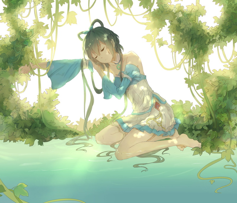 Anime, Sunbeam, Green Hair, Vocaloid, bow (Clothing), Short Hair, Girl, Luo Tianyi, 1080P, Skirt, Water