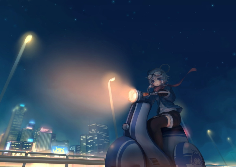tianyi, night, need6699955, vocaloid, luo, motorcycle, sky, city, 1080P, stars