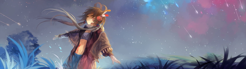 women, Shooting Stars, one person, Happy Face, Anime Girls, anime, digital art, Long Hair, Manga, human body part, digital composite, Belly, stars, outdoors