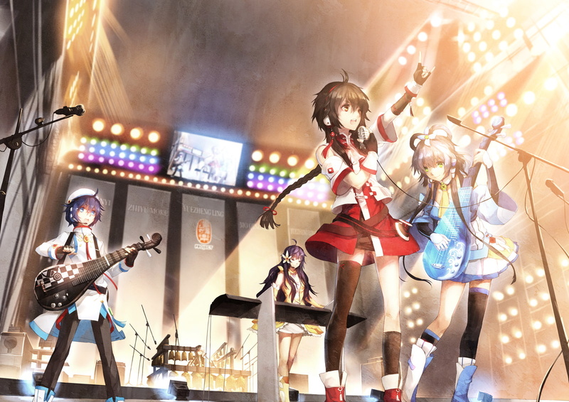 luo, qingxian, drums, vocaloid, green, hair, blue, tianyi, piano, moke, eyes, zhiyu, scorpion5050, 720P, microphone, brown, guitar, purple, instrument