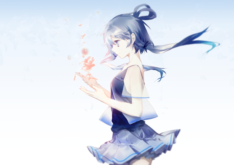 blue hair, white background, studio shot, lifestyles, young adult, 4K, profile view, young women, luo tianyi, motion, tousled hair, hairstyle, digital composite