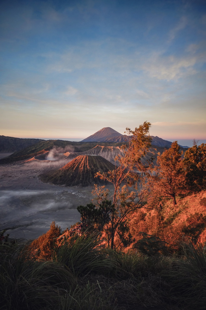 no people, mountain peak, mount bromo, sunset, non-urban scene, cloud - sky, volcanic crater, gray, mountain, environment, water, mountain range, abies