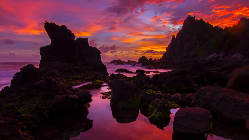 scenics - nature, no people, land, purple, 4K, orange sunset, rock formation, beauty in nature, stack, sea, cliff, afterglow, eroded, orange sky, tranquility