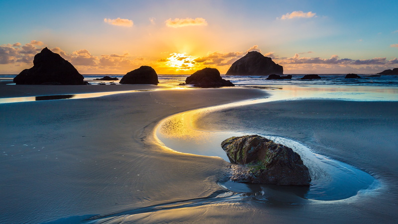 bandon state park, water, seastack, bandon state natural area, sunset, oregon, horizon, sea, state park, sky, stack, rock, coast, shore, beach, pacific ocean